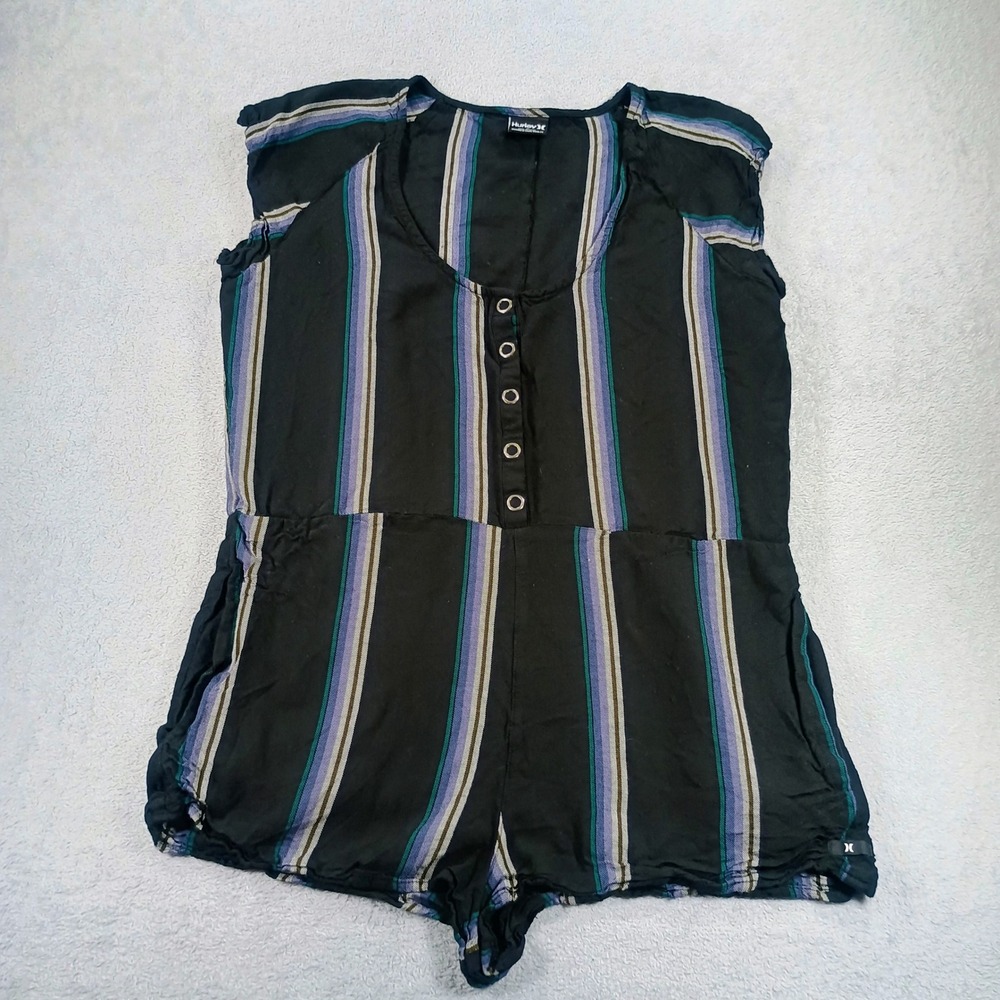 Hurley Womens Striped Henley Romper Black Purple S Sleeveless Button Front